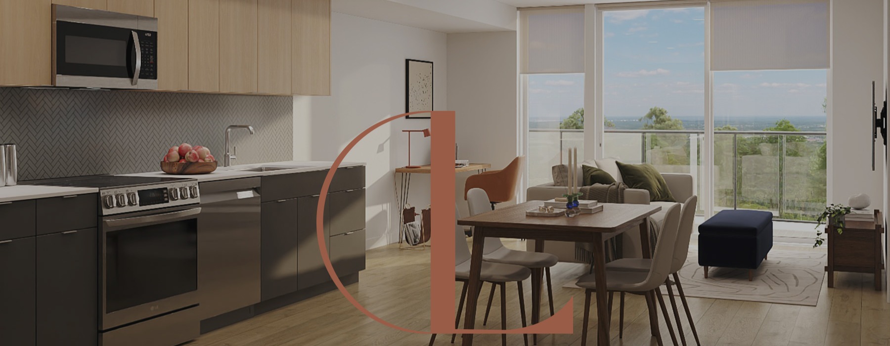 kitchen dining room table with seating and view of a living room with large windows