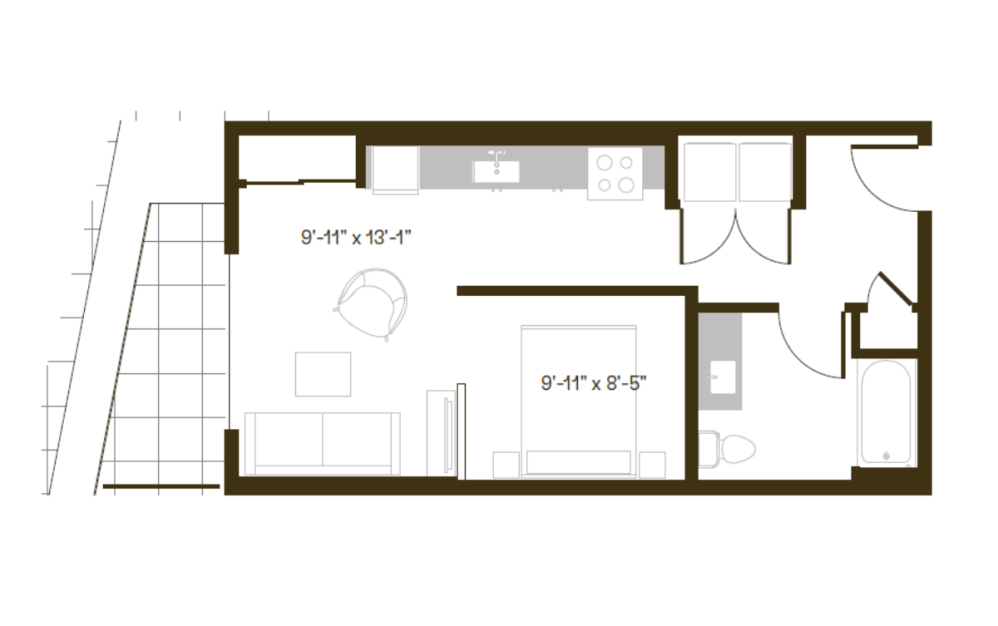 O3 - Studio floorplan layout with 1 bathroom and 580 square feet