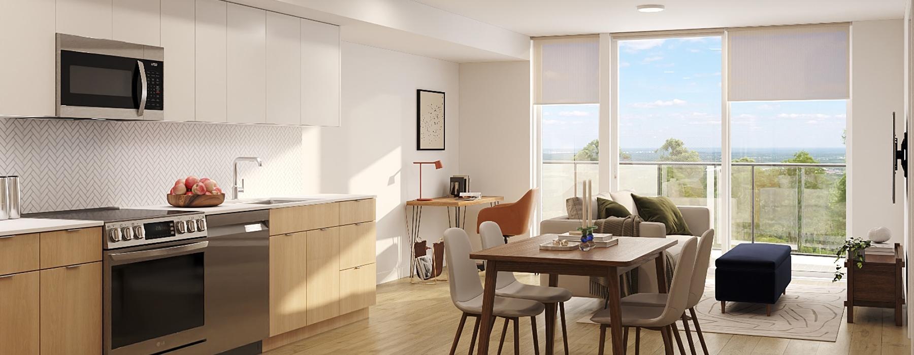 a kitchen with a table and chairs