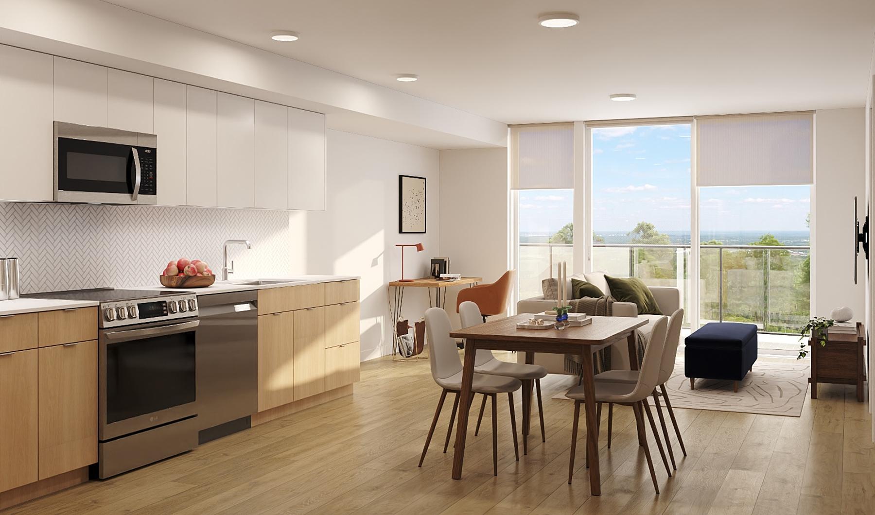 a kitchen with a table and chairs