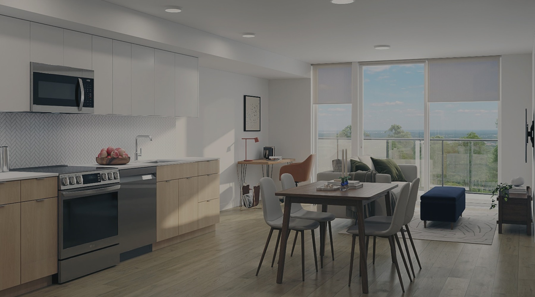 a kitchen with bright lighting