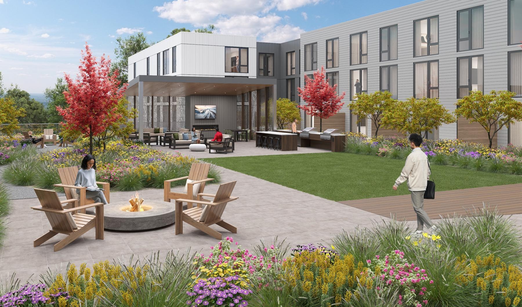 a group of people sitting on benches in a park